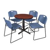 "Cain 30"" Round Breakroom Table in Cherry & 4 Zeng Stack Chairs in Blue - Regency TB30RNDCH44BE"