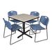 "Cain 36"" Square Breakroom Table in Maple & 4 Zeng Stack Chairs in Blue - Regency TB3636PL44BE"