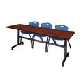 "Kobe 84"" Flip Top Mobile Training Table in Cherry & 3 'M' Stack Chairs in Blue - Regency MKFT8424CH47BE"