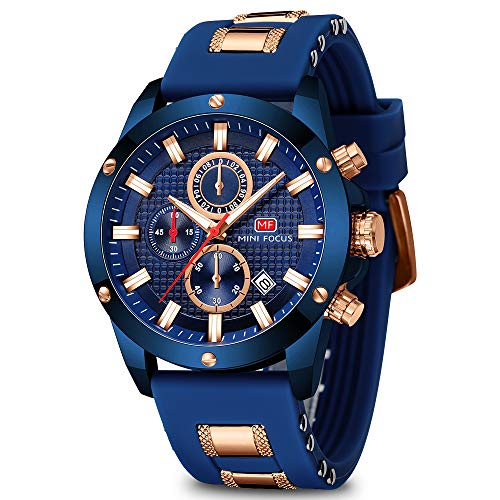 MINI Focus Mens Watch Casual Sports Watches (Chronograph/Waterproof/Luminous/Calendar) Silicon Band Fashion Quartz Watch for Men, Blue, Dress Watch,Sport Watch,Quartz Watch,Chronograph Watch