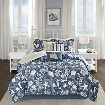 Madison Park Cape Cod 7 Piece Cotton Sateen Comforter Set Blue Cal King