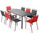 Ensemble table de jardin et 8 fauteuils en métal rouge et gris - Palavas - Rouge