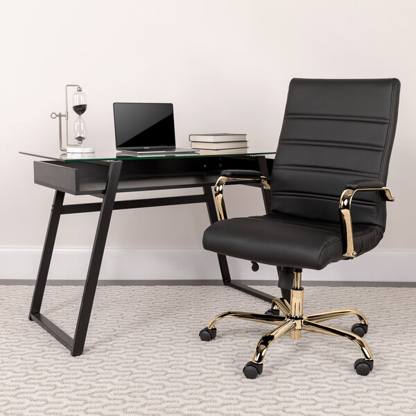 Flash Furniture GO-2286H-BK-GLD-GG High-Back Black Leather Swivel Office Chair with Gold Base and Arms