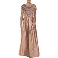 Adrianna Papell Women's Long Silky Taffeta Dress with Beaded Short Sleeves Formal, Rose Gold, 16