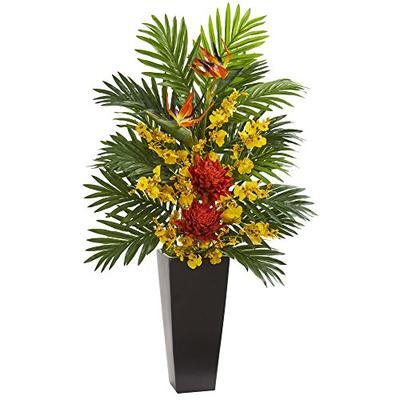 Nearly Natural 1623-OR Tropical Floral & Orchid Artificial Black Vase Silk Arrangements Orange