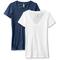 Clementine Apparel Women's Deep V Neck Tee (Pack of 2), Midnight Navy/White Large