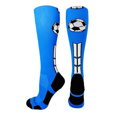 MadSportsStuff Soccer Socks with Soccer Ball Logo Over The Calf (Electric Blue/Black/White, Medium)