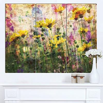 Designart Coreopsis Paint Splashes-Flower Glossy Metal Wall Art 36x28-3 Panels Green