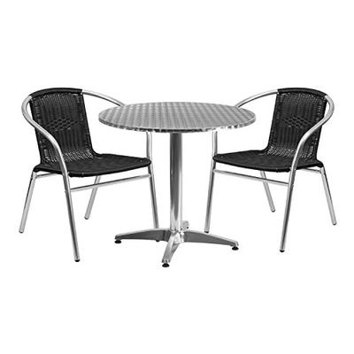 Flash Furniture Round Aluminum Indoor Outdoor Table with 2 Black Rattan Chairs, 31.5"