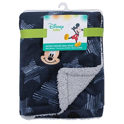 Disney Mickey Mouse Hello World Star/Icon Super Soft Double Sided Velour/Sherpa Baby Blanket, Navy,