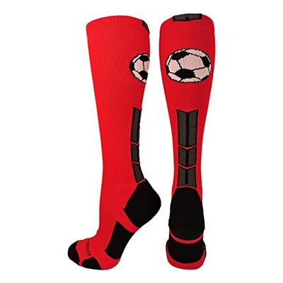MadSportsStuff Soccer Socks with Soccer Ball Logo Over The Calf (Scarlet/Black/Graphite, Medium)