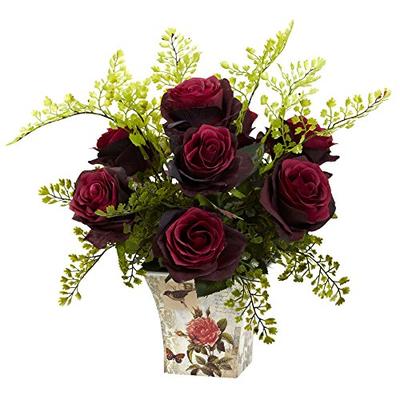 Nearly Natural 1379-BG Rose 7 Maiden Hair with Floral Planter, Burgundy