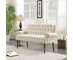 Belleze Button Tufted Mid-Century Settee Upholstered Vintage Sofa Bench with Linen Fabric Wood Legs,