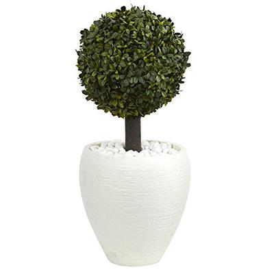 Nearly Natural Boxwood Topiary in White Oval Planter 26"