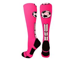 MadSportsStuff Soccer Socks with Soccer Ball Logo Over The Calf (Neon Pink/Black/White, Medium)