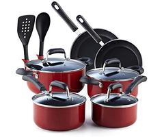 Cook N Home 02601 Stay Cool Handle, Red Marble Pattern 12-Piece Nonstick Cookware Set