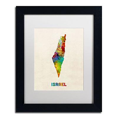 Israel Watercolor Map Art by Michael Tompsett in Black Frame, 11 by 14-Inch, White Matte