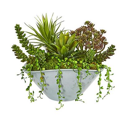 Nearly Natural 8423 Succulent Garden Artificial Green Vase Silk Plants