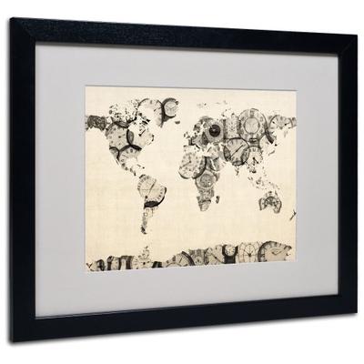 Old Clocks World Map Artwork by Michael Tompsett in Black Frame, 16 by 20-Inch
