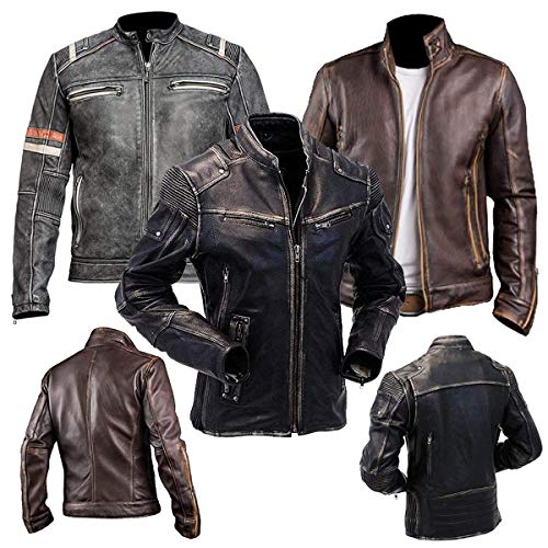 MC Vintage Retro 2nd Edition Cafe Racer Distressed Black and Plain Black Biker Genuine Leather Jacket (Medium, Retro 2 Distressed Black Faux Leather Jacket)