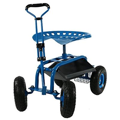 Sunnydaze Garden Cart Rolling Scooter with Extendable Steering Handle, Swivel Seat & Utility Basket,