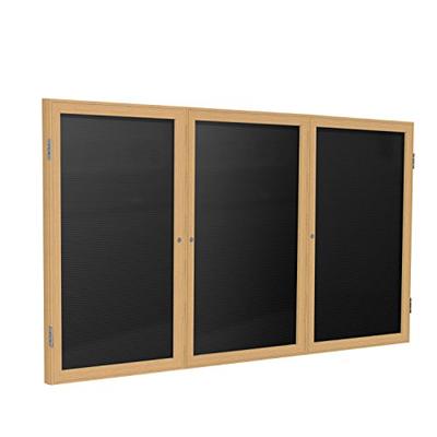 36"x72" 3-Door Wood Frame Oak Finish Enclosed Flannel Letter Board, Black