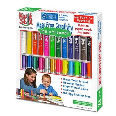 Pencil Grip Kwikstix Thin Stix Solid Tempera Paint 24 Pack, Super Quick Drying, 12 Classic 6 Neon &