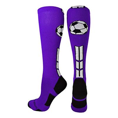 MadSportsStuff Soccer Socks with Soccer Ball Logo Over The Calf (Purple/Black/White, Small)